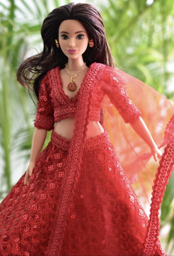 Red sequins lehenga for curvy Barbie doll