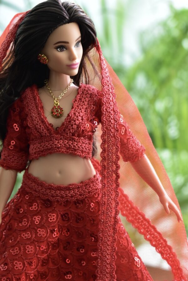 Red sequins lehenga for curvy Barbie doll