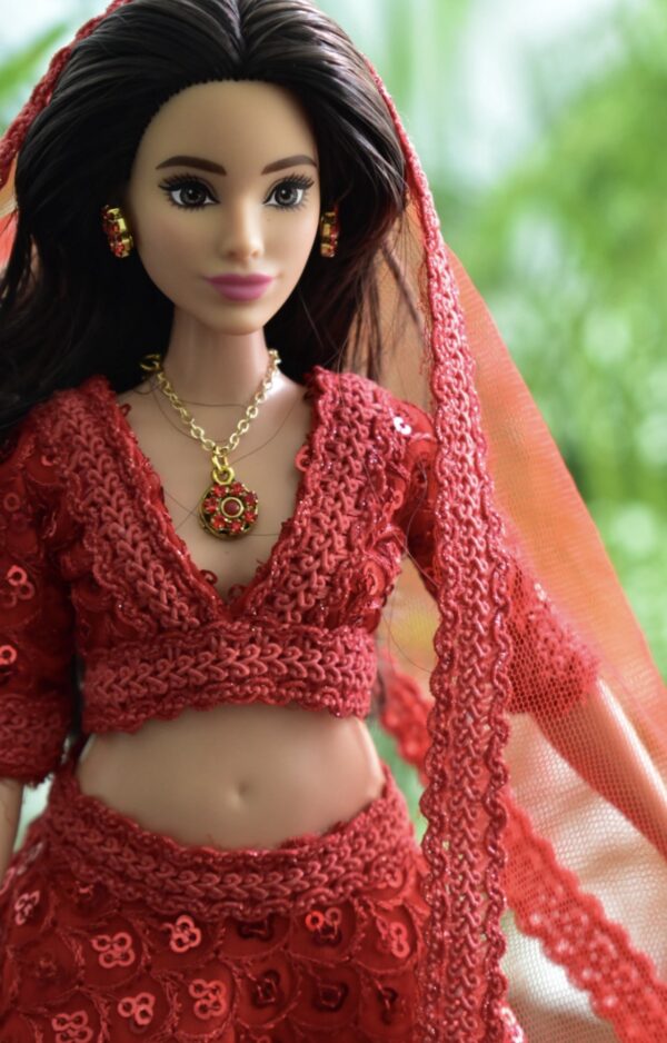 Red sequins lehenga for curvy Barbie doll