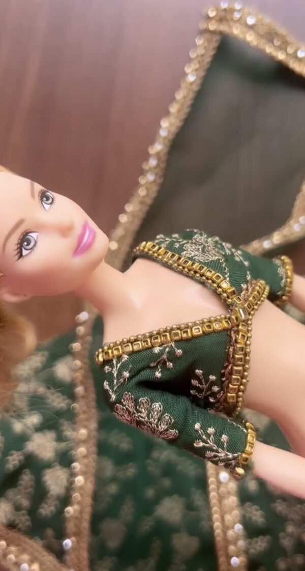 Green embroidered wedding lehenga for doll