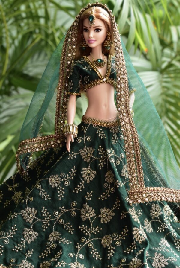 Green embroidered wedding lehenga for doll