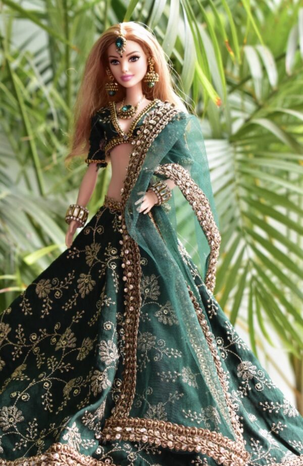 Green embroidered wedding lehenga for doll