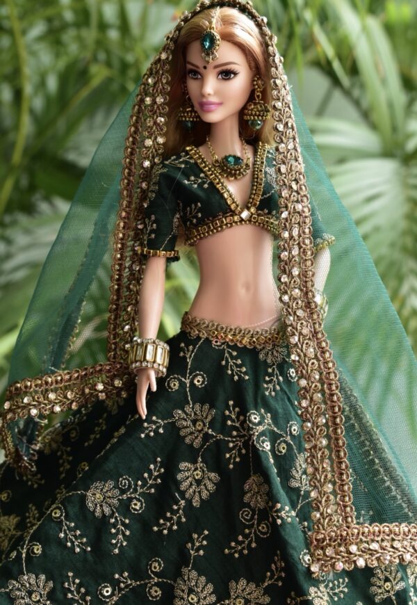 Green embroidered wedding lehenga for doll