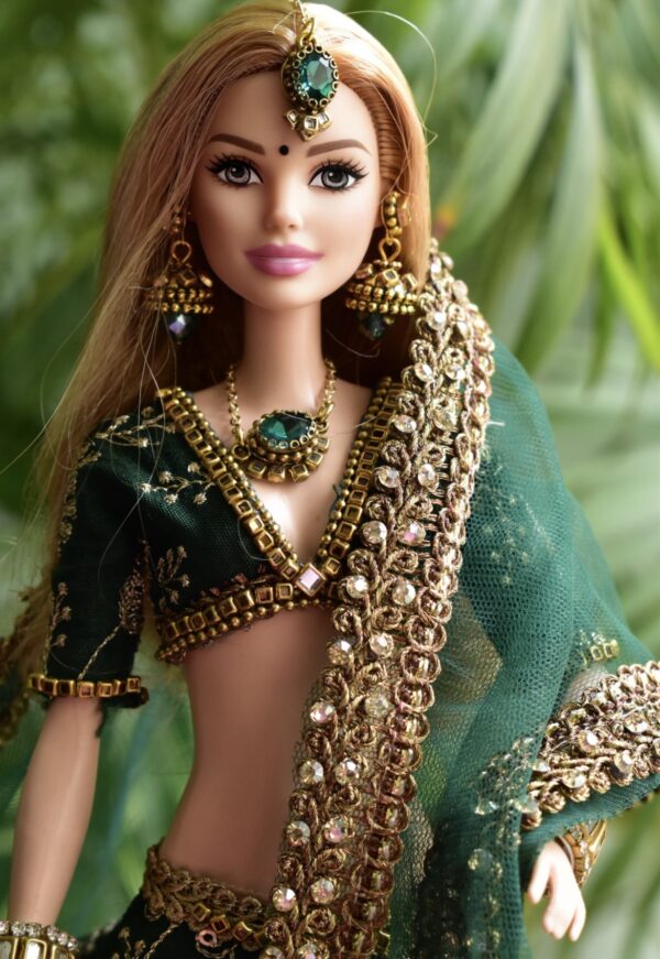 Green embroidered wedding lehenga for doll