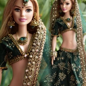 Green embroidered wedding lehenga for doll