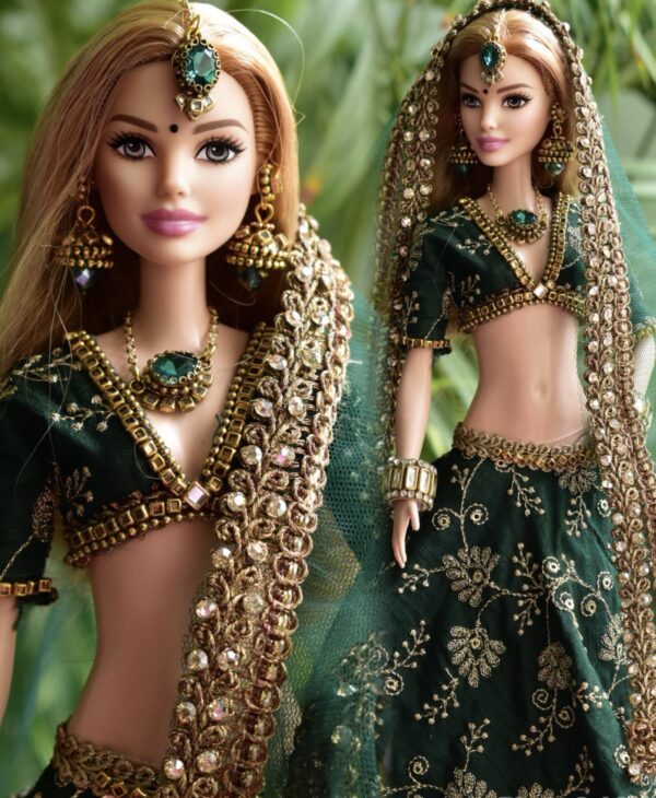 Green embroidered wedding lehenga for doll