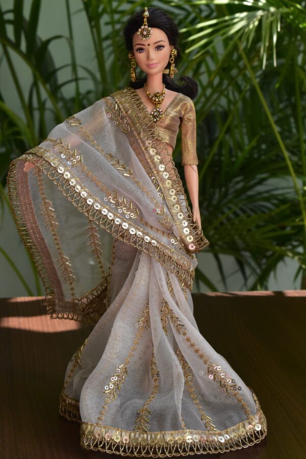 Embroidered Indian bridal saree for doll (white)
