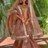 Embroidered Indian bridal saree for doll (peach)