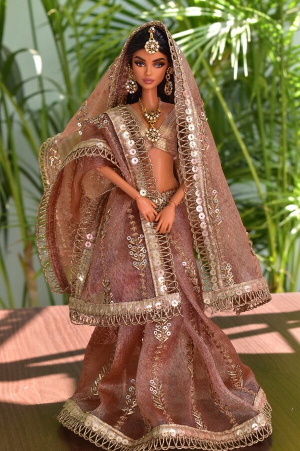 Embroidered Indian bridal saree for doll (peach)
