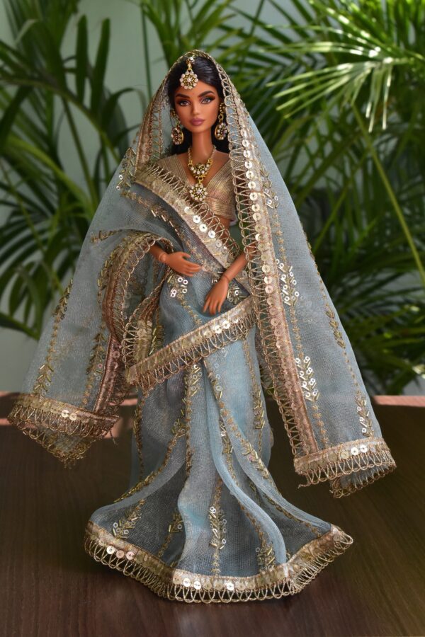 Embroidered Indian bridal saree for doll(teal)