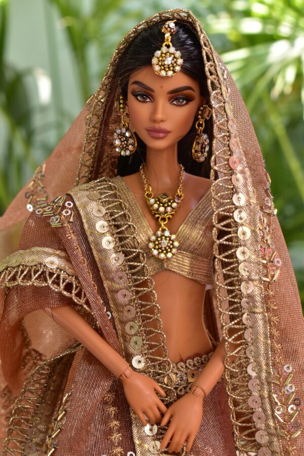 Embroidered Indian bridal saree for doll (peach)
