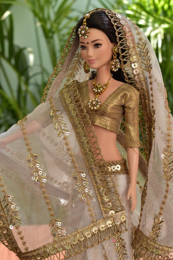 Embroidered Indian bridal saree for doll (white)