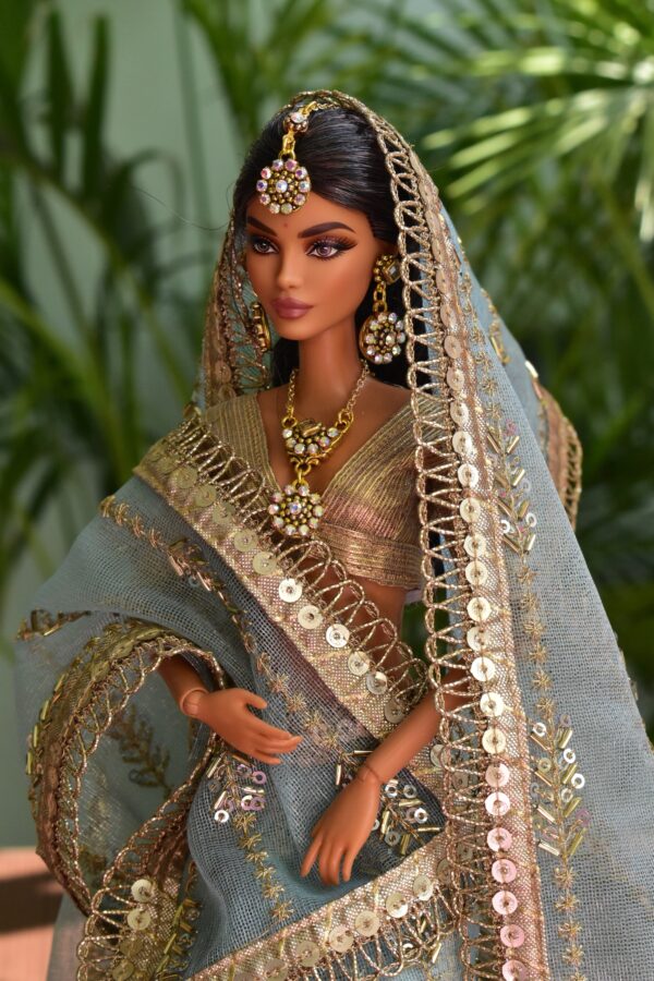 Embroidered Indian bridal saree for doll(teal)