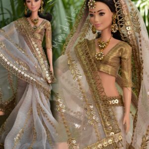 Embroidered Indian bridal saree for doll (white)