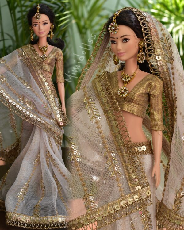 Embroidered Indian bridal saree for doll (white)