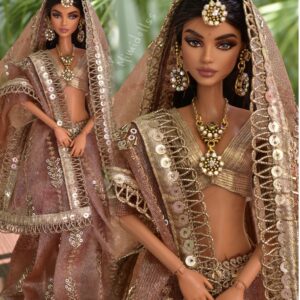 Embroidered Indian bridal saree for doll (peach)