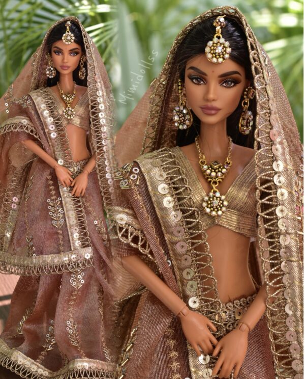 Embroidered Indian bridal saree for doll (peach)