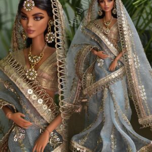 Embroidered Indian bridal saree for doll(teal)