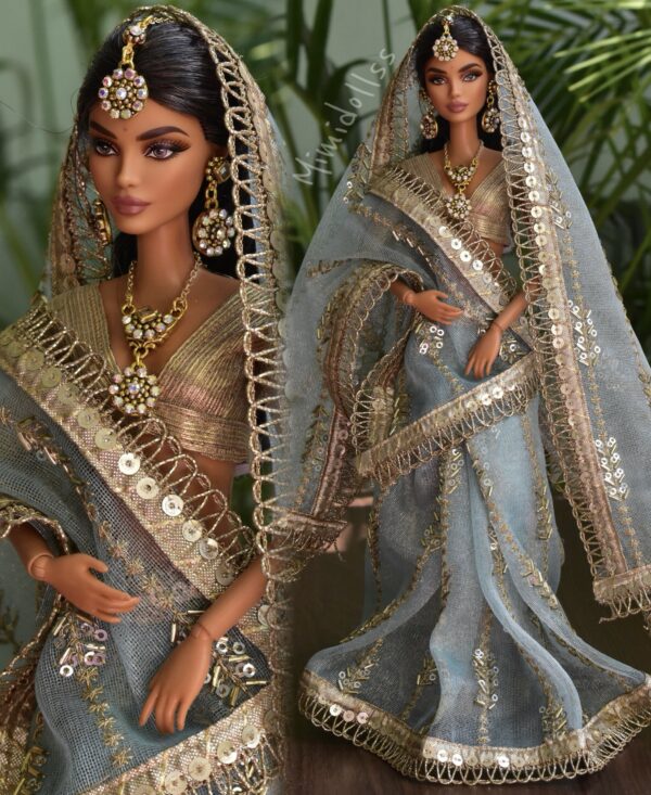 Embroidered Indian bridal saree for doll(teal)