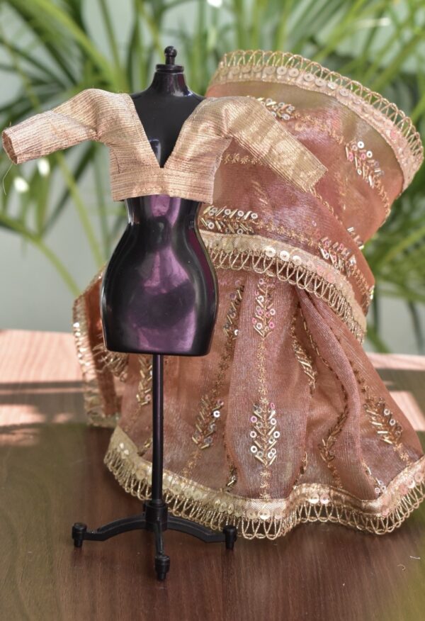 Embroidered Indian bridal saree for doll (peach)