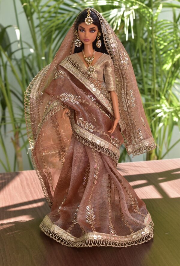 Embroidered Indian bridal saree for doll (peach)