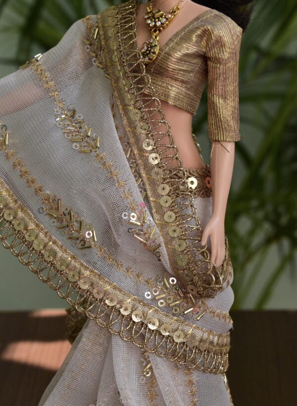 Embroidered Indian bridal saree for doll (white)
