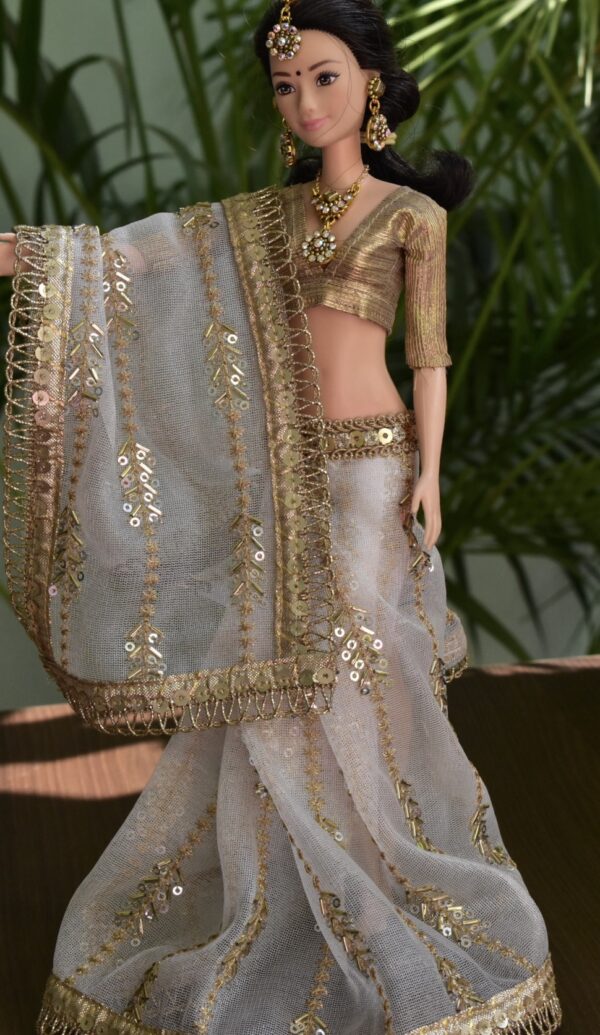 Embroidered Indian bridal saree for doll (white)