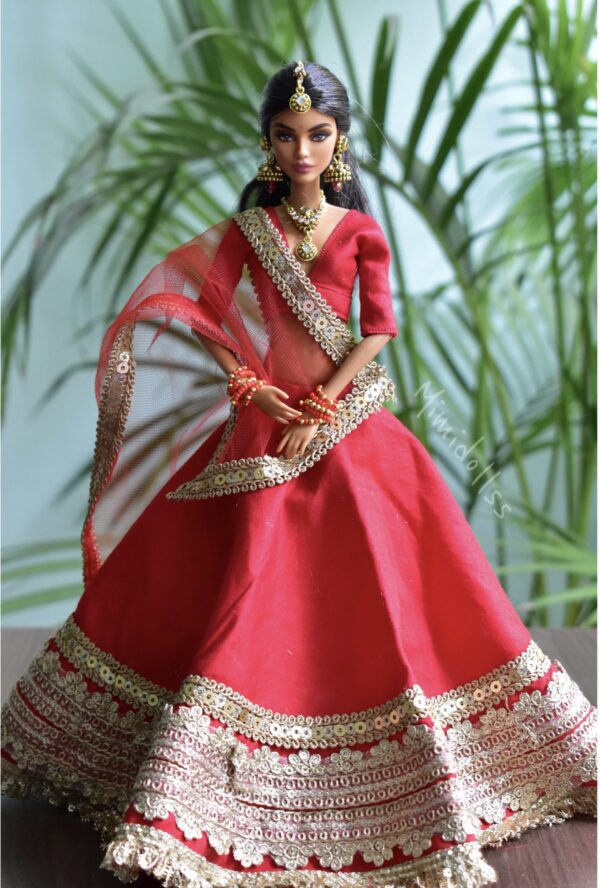 Red and gold Indian bridal lehenga for doll