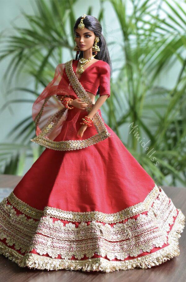 Red and gold Indian bridal lehenga for doll