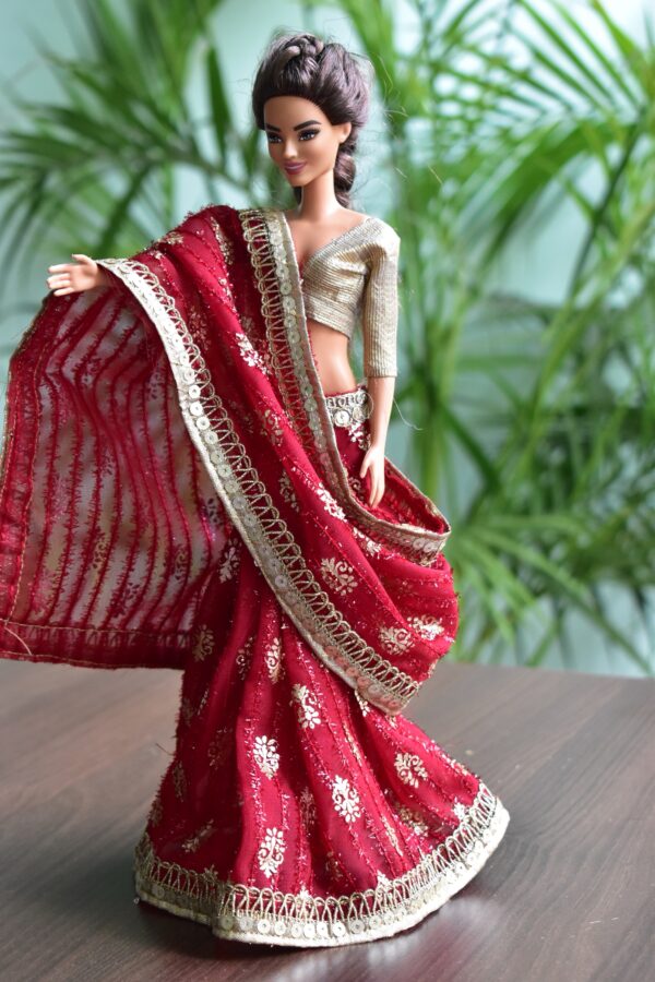 Maroon and gold Indian saree for doll