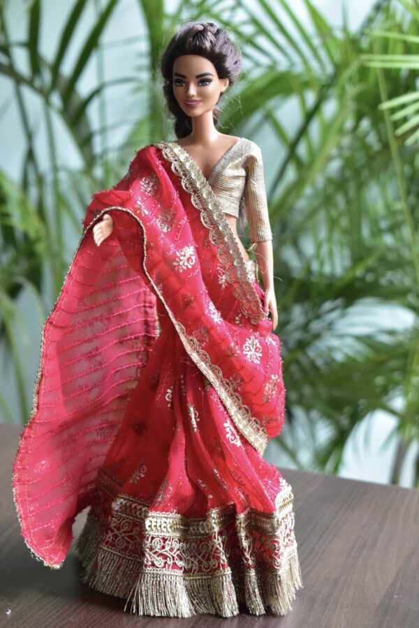 Pink and gold Indian saree for doll