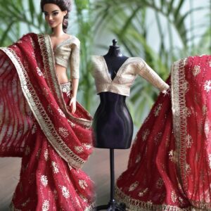 Maroon and gold Indian saree for doll
