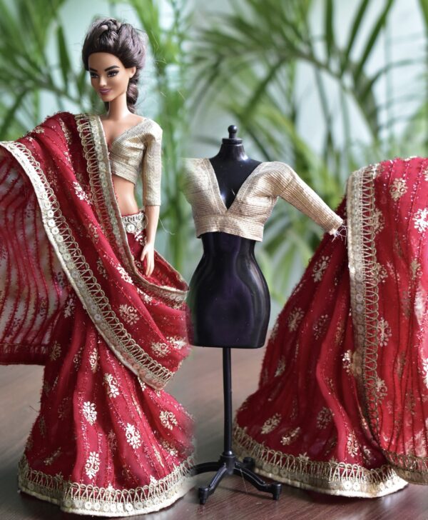 Maroon and gold Indian saree for doll