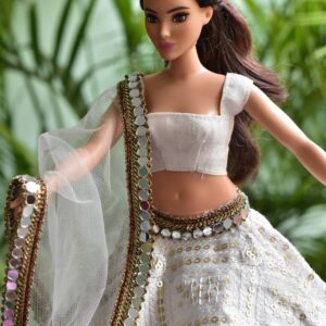 Embroidered white and gold Indian lehenga for curvy doll