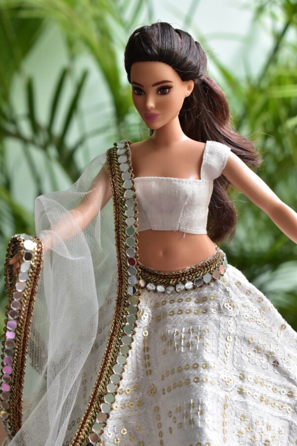 Embroidered white and gold Indian lehenga for curvy doll