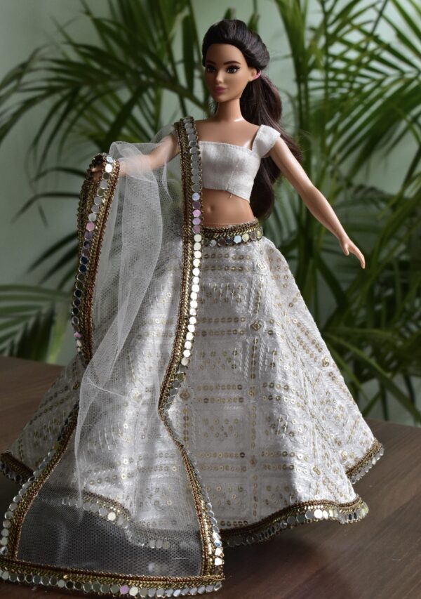 Embroidered white and gold Indian lehenga for curvy doll