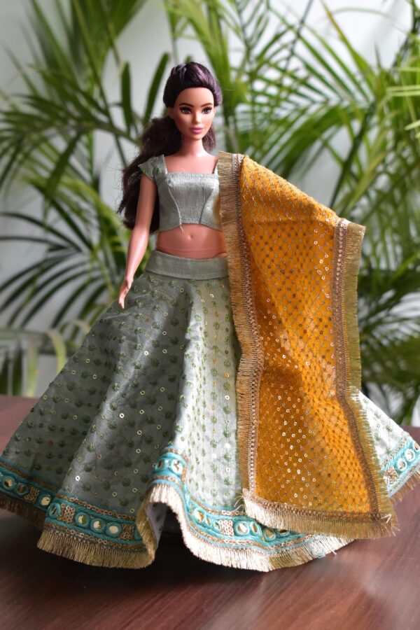 Mint green Indian festive lehenga for curvy doll