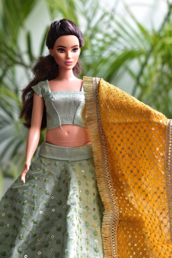Mint green Indian festive lehenga for curvy doll