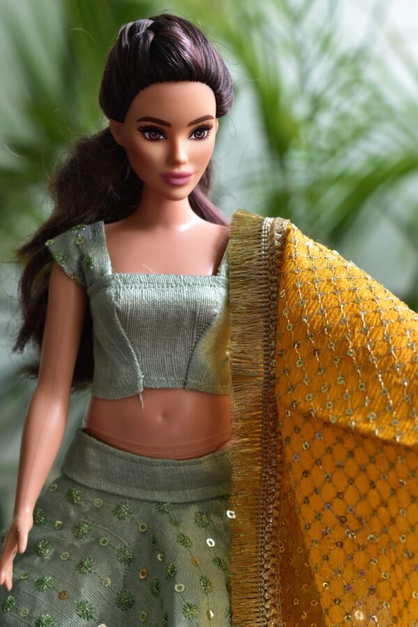 Mint green Indian festive lehenga for curvy doll