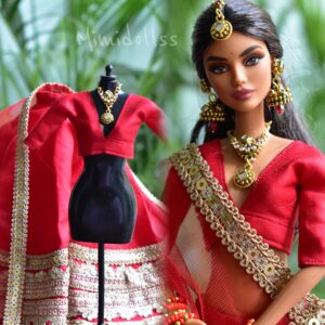 Red and gold Indian bridal lehenga for doll