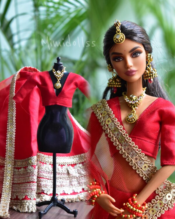 Red and gold Indian bridal lehenga for doll
