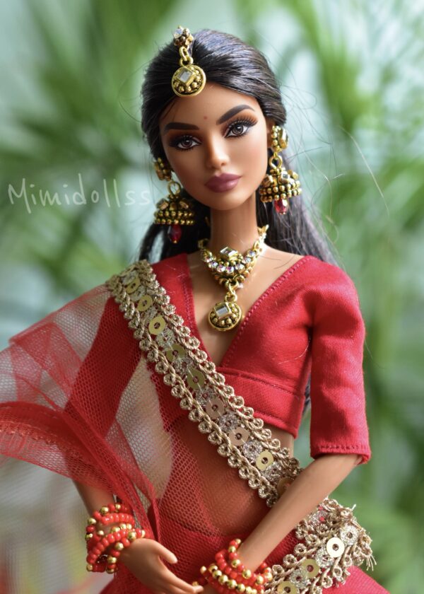 Red and gold Indian bridal lehenga for doll
