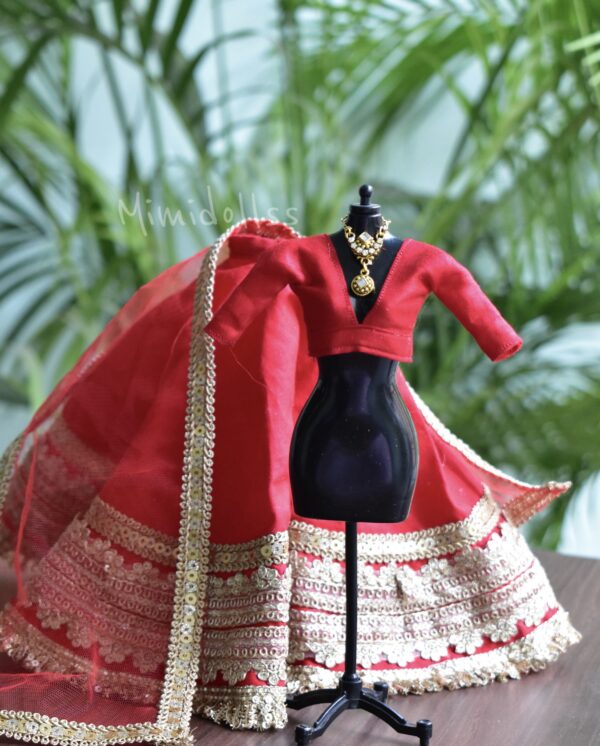 Red and gold Indian bridal lehenga for doll