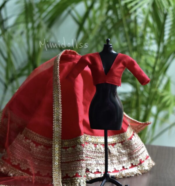 Red and gold Indian bridal lehenga for doll