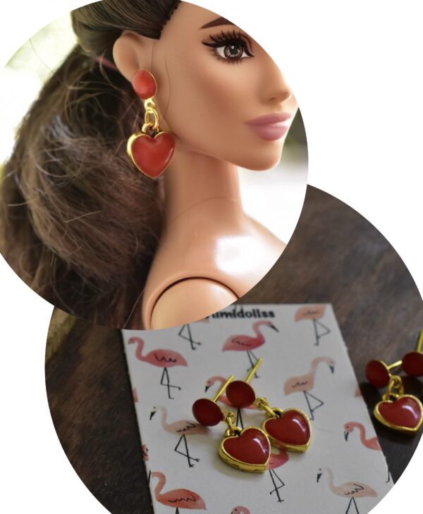 Red heart enamel earrings for doll | doll jewellery | doll earrings | set of 2