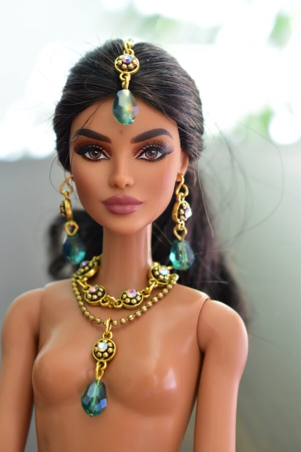 Indian bridal jewelry for doll (teal and gold)