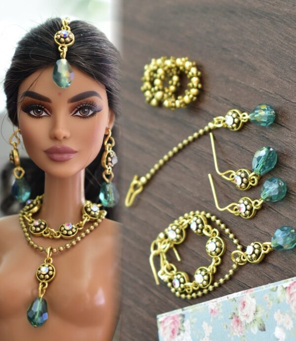 Indian bridal jewelry for doll (teal and gold)