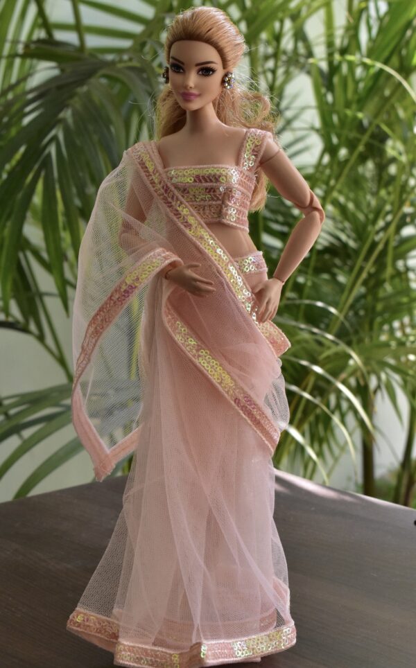 Pink tulle saree for curvy Barbie doll