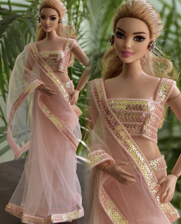 Pink tulle saree for curvy Barbie doll