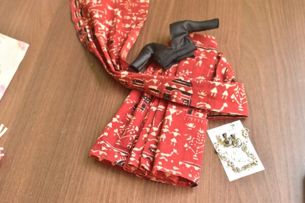 Indian block printed kalamkari saree with accessories for Barbie doll